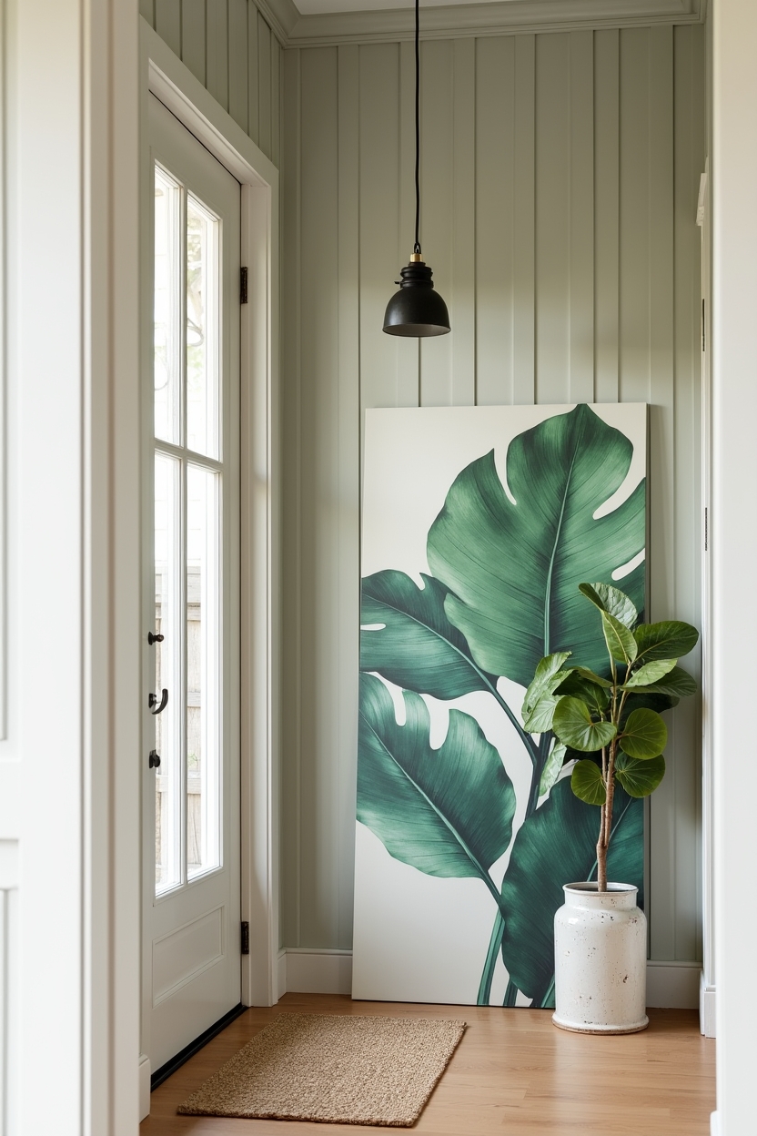 english cottage entryway wall decor — oversized botanical canvas featuring painted beadboard backdrop in muted sage