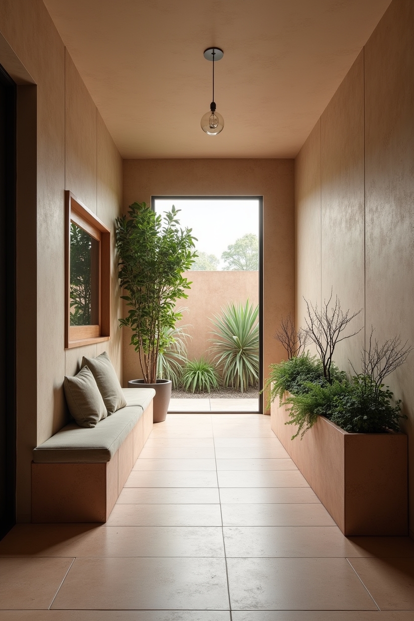 clay entryway runner ideas — integrated planter ledge with trailing greenery featuring full-width clay tile flowing into planter ledge