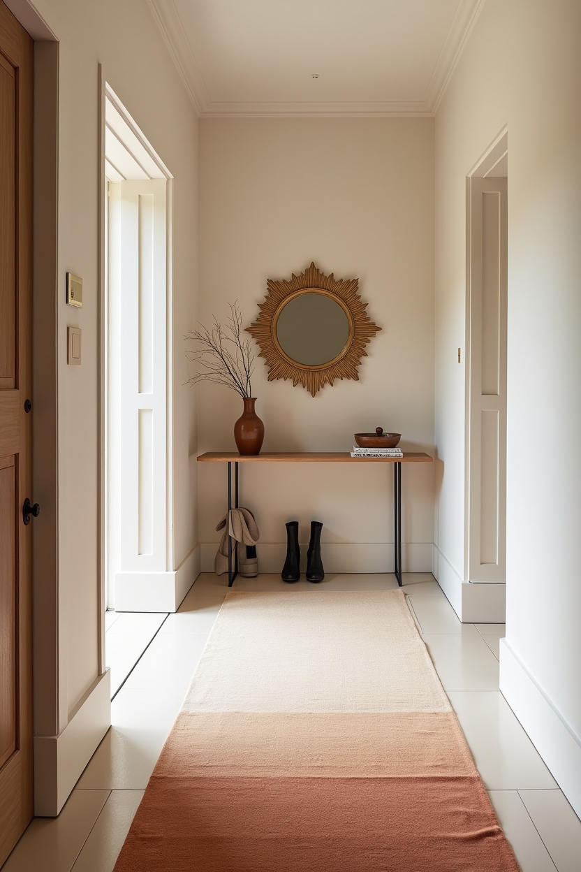 clay entryway runner ideas — sunburst mirror featuring bleached ombré clay gradient