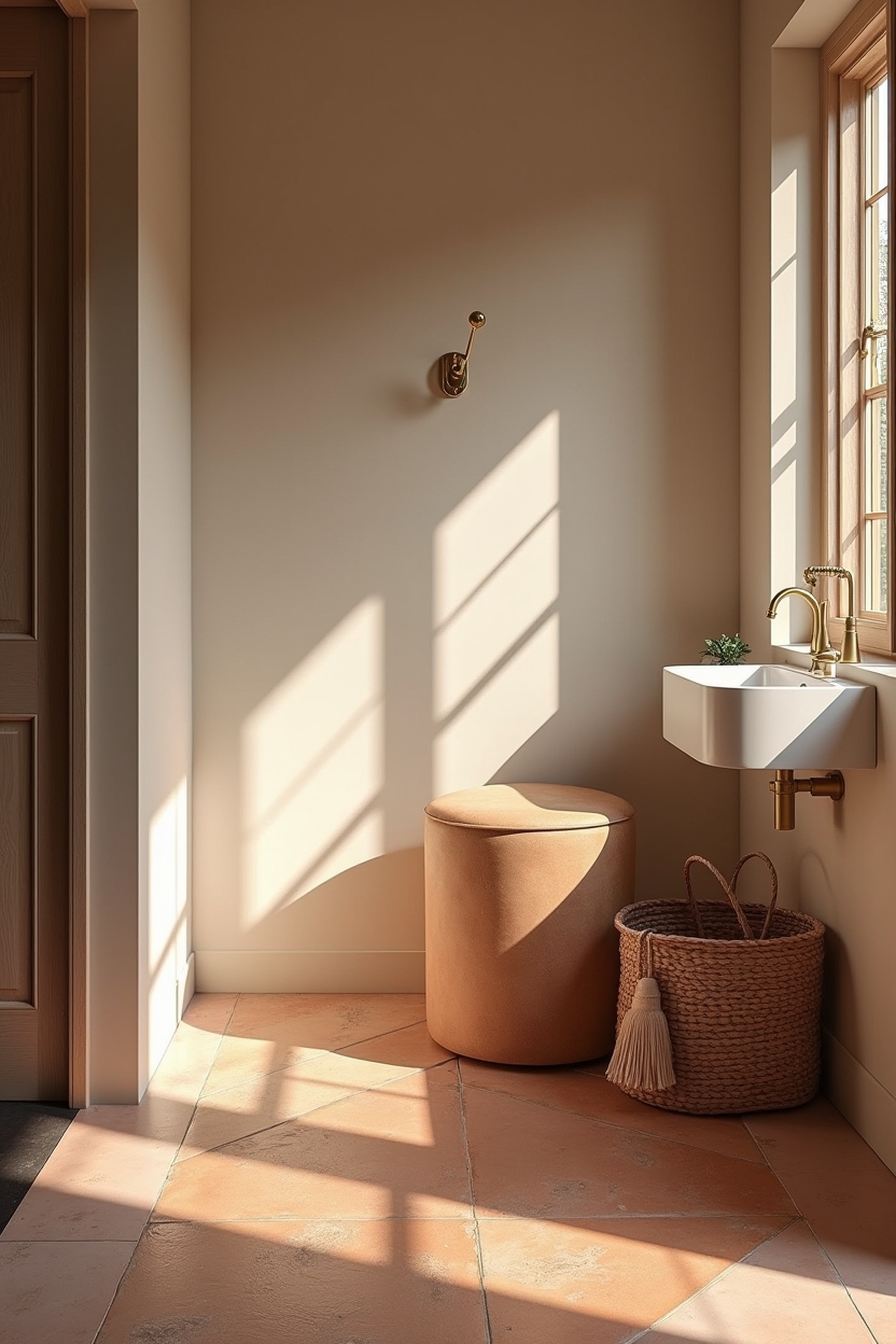clay entryway runner ideas — rounded leather stool featuring hand-glazed terracotta runner texture