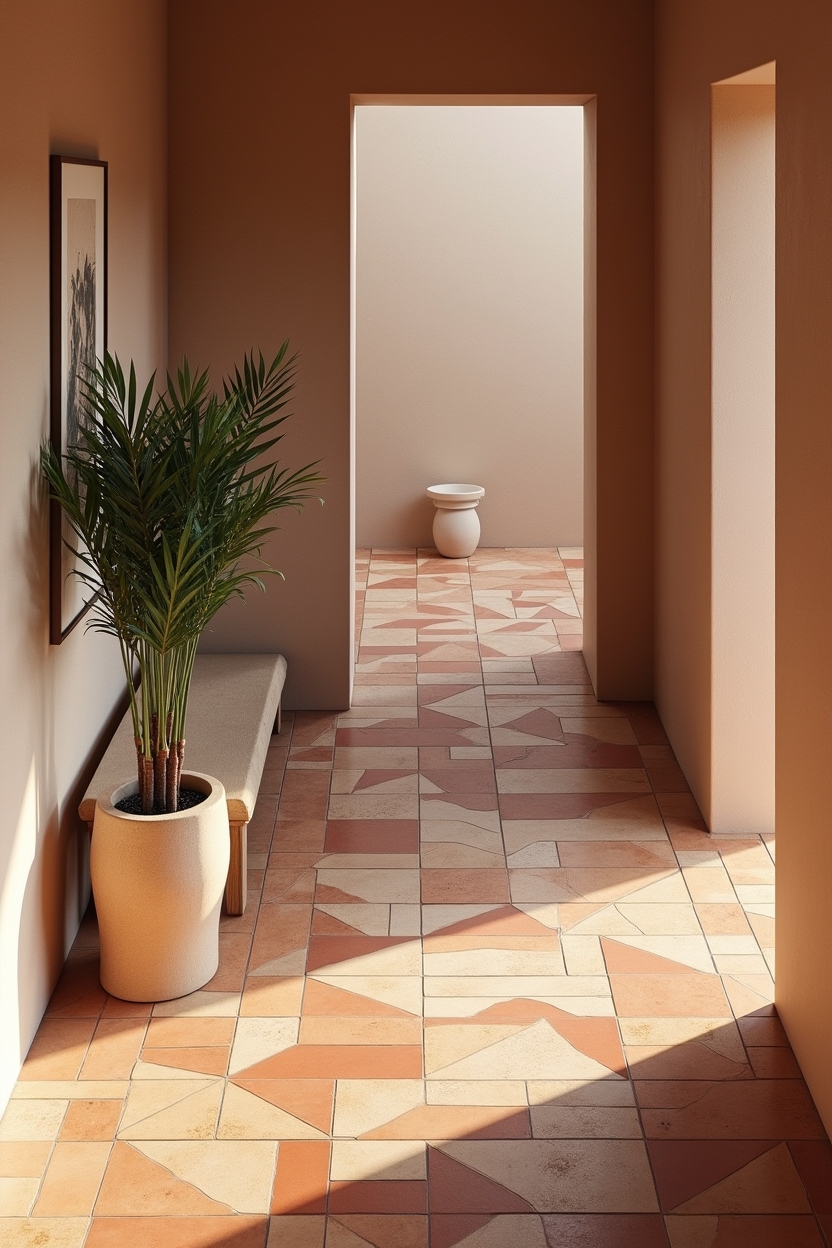 clay entryway runner ideas — sculpted planter featuring bold geometric terracotta mosaic pattern
