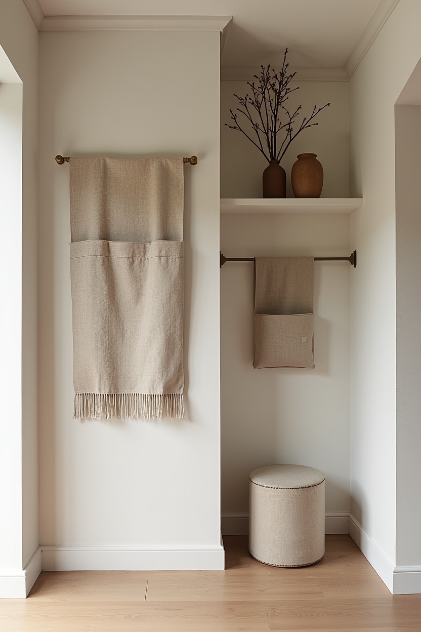 linen luxury entryway decor — handwoven linen wall banner featuring handwoven linen wall banner hung on matte brass rod
