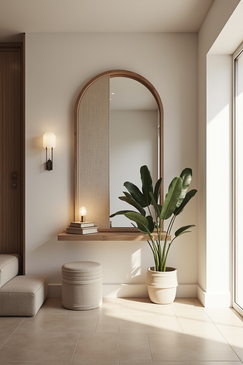 linen luxury entryway decor — linen-wrapped mirror featuring asymmetric linen-wrapped mirror with distressed wood edge