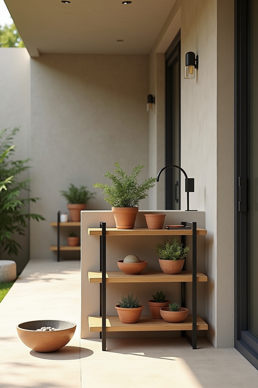 three-tier bamboo stand with black steel legs home decor